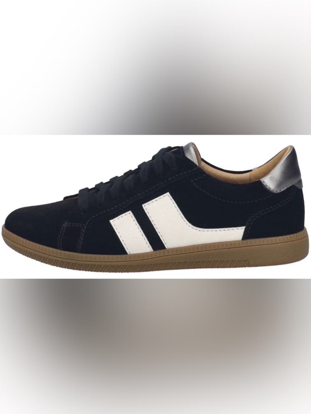 Josef Seibel Navy Suede Sneakers with White Stripes and Gum Sole,